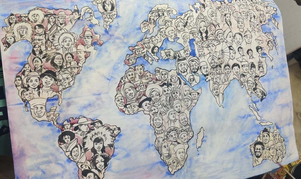 World-map artwork with every continent filled with drawn faces
