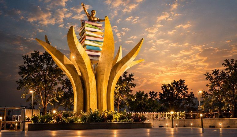 Visualisation of the book sculpture with rising leaf forms at sunset