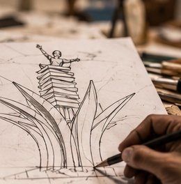 Visualisation of a hand sketching the book sculpture