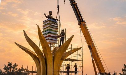 Visualisation of crane installation of the book sculpture