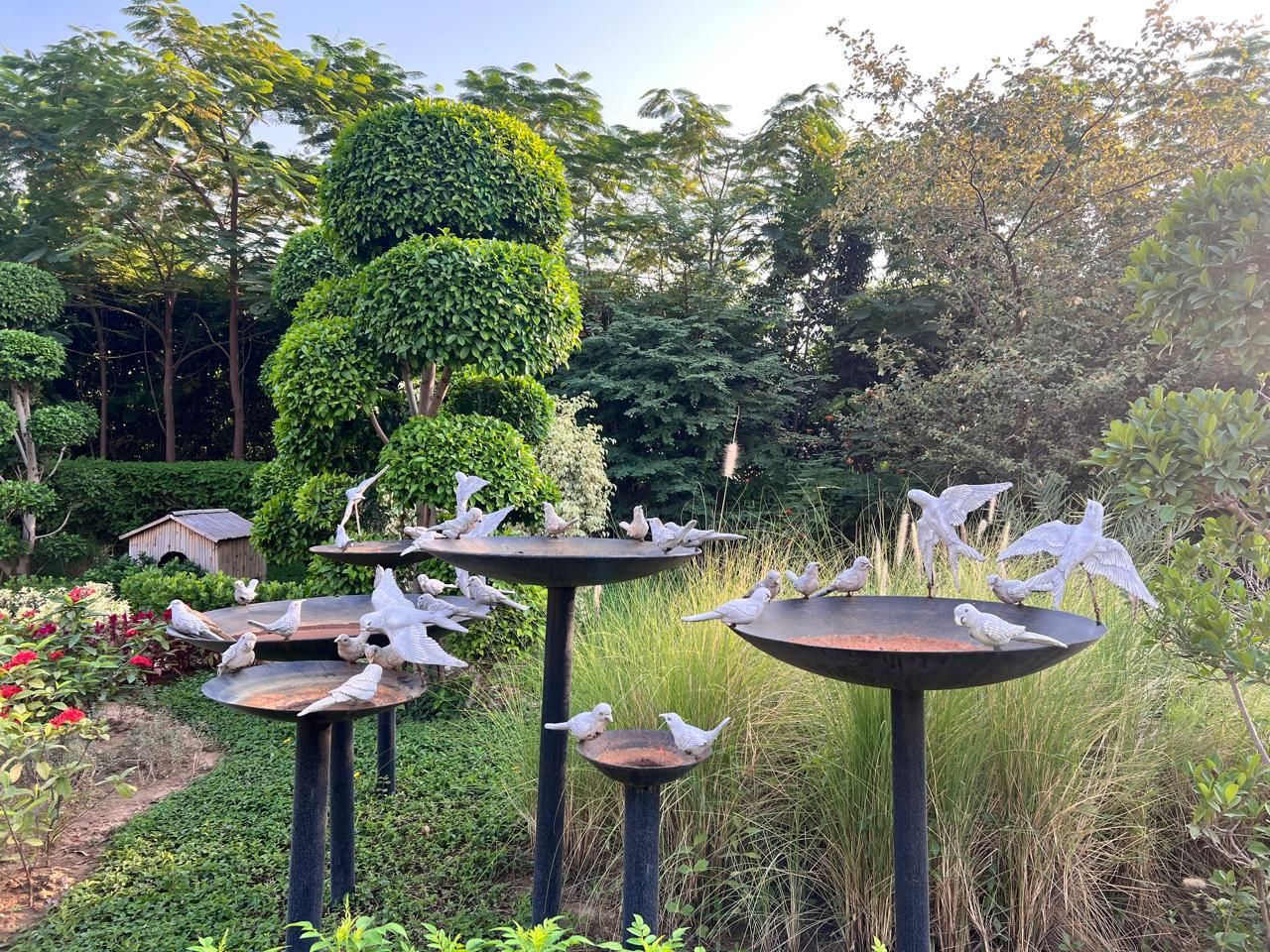 Bird-bath stands with silver birds beside a clipped topiary tree