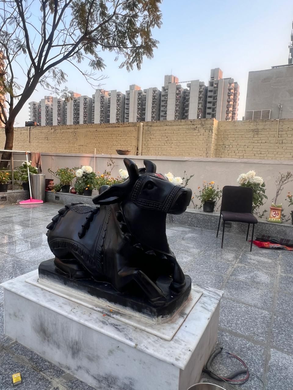 A black stone Nandi on a white marble plinth on the temple terrace