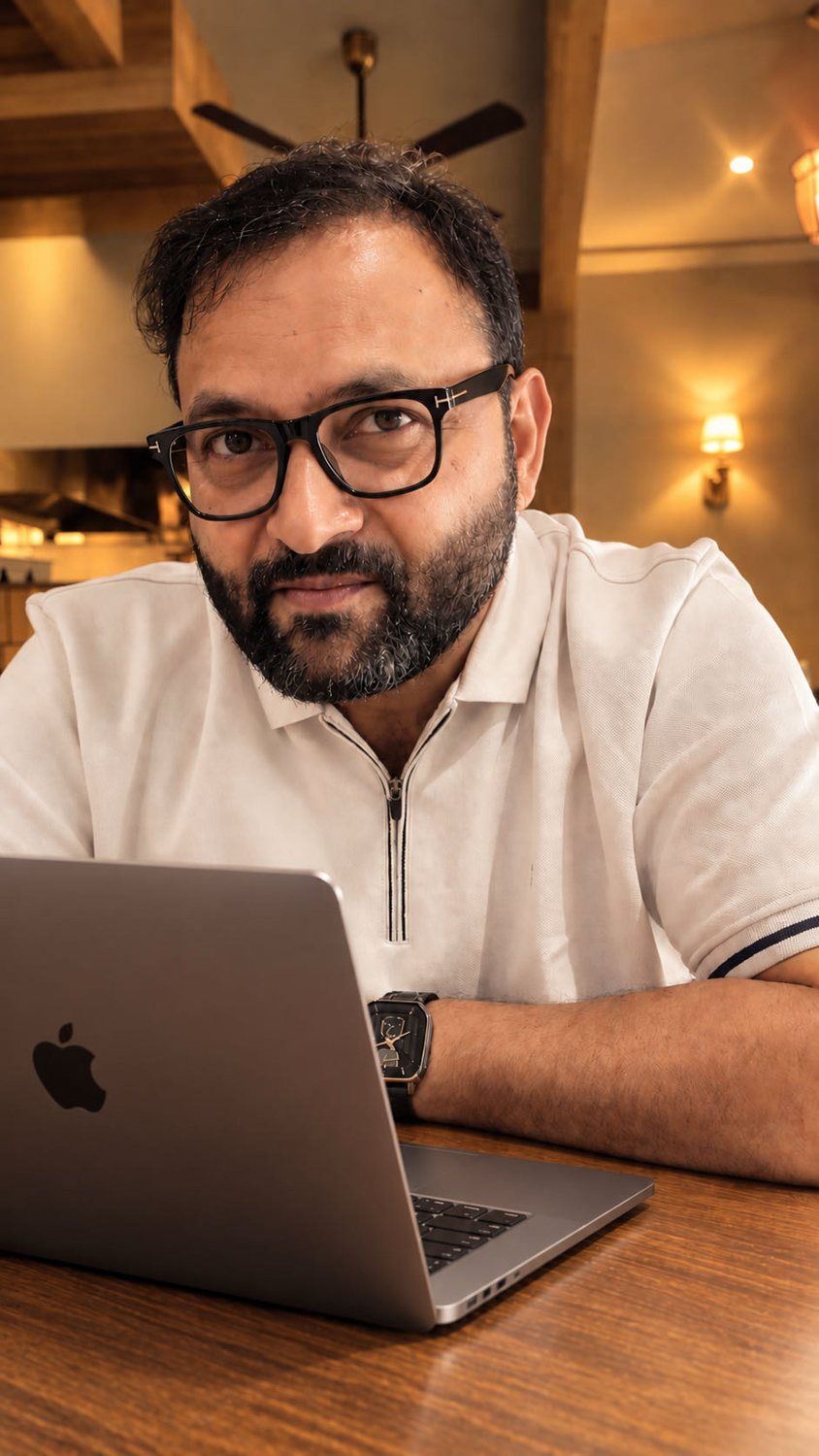 Portrait of Pawan Kumar Bhatt in glasses and a white polo shirt, seated at a table with a laptop