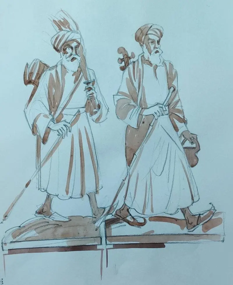 Hand drawing of two robed figures walking
