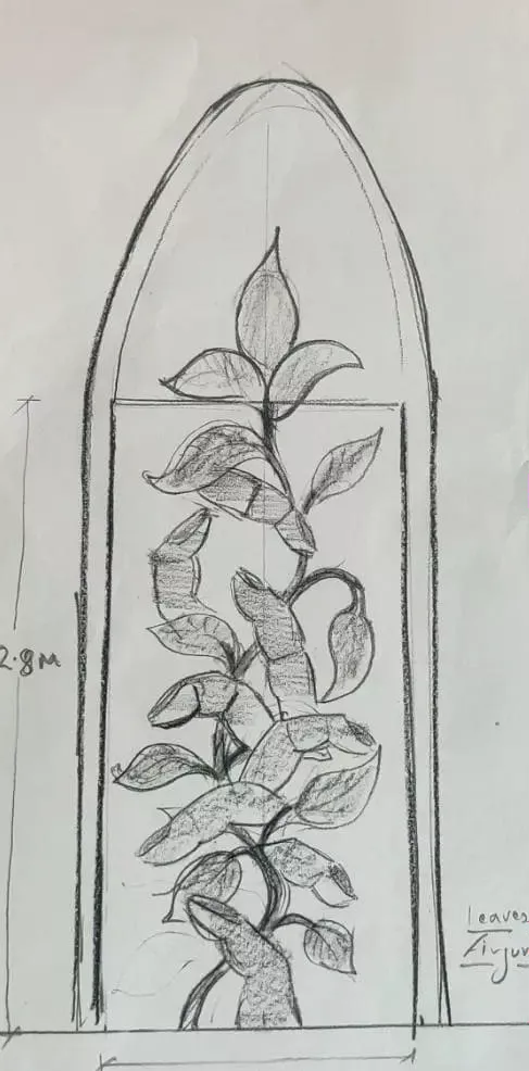 Pencil drawing of a carved leaf panel with dimensions