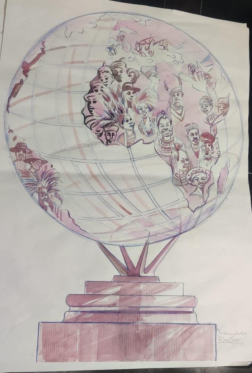Watercolour sketch of the globe of faces on a plinth, signed