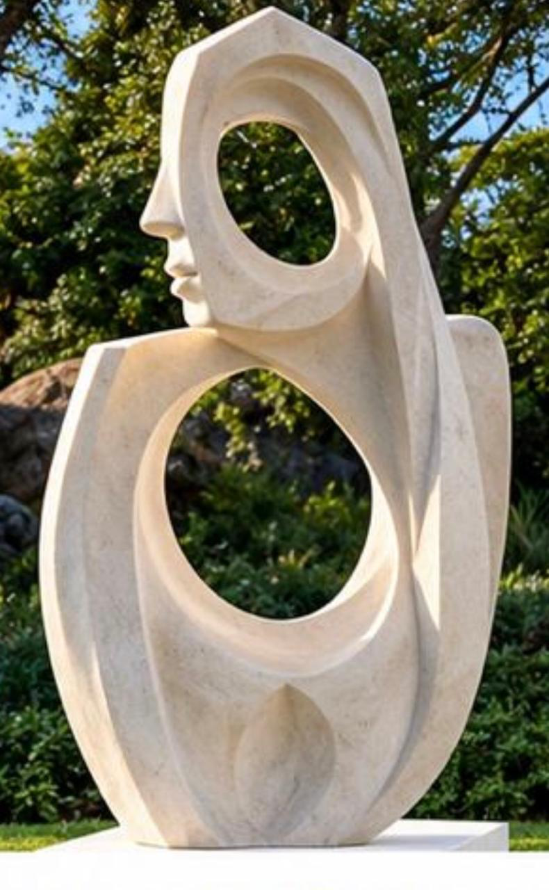 Visualisation of an abstract cream sculpture of a face and open loops, in a garden